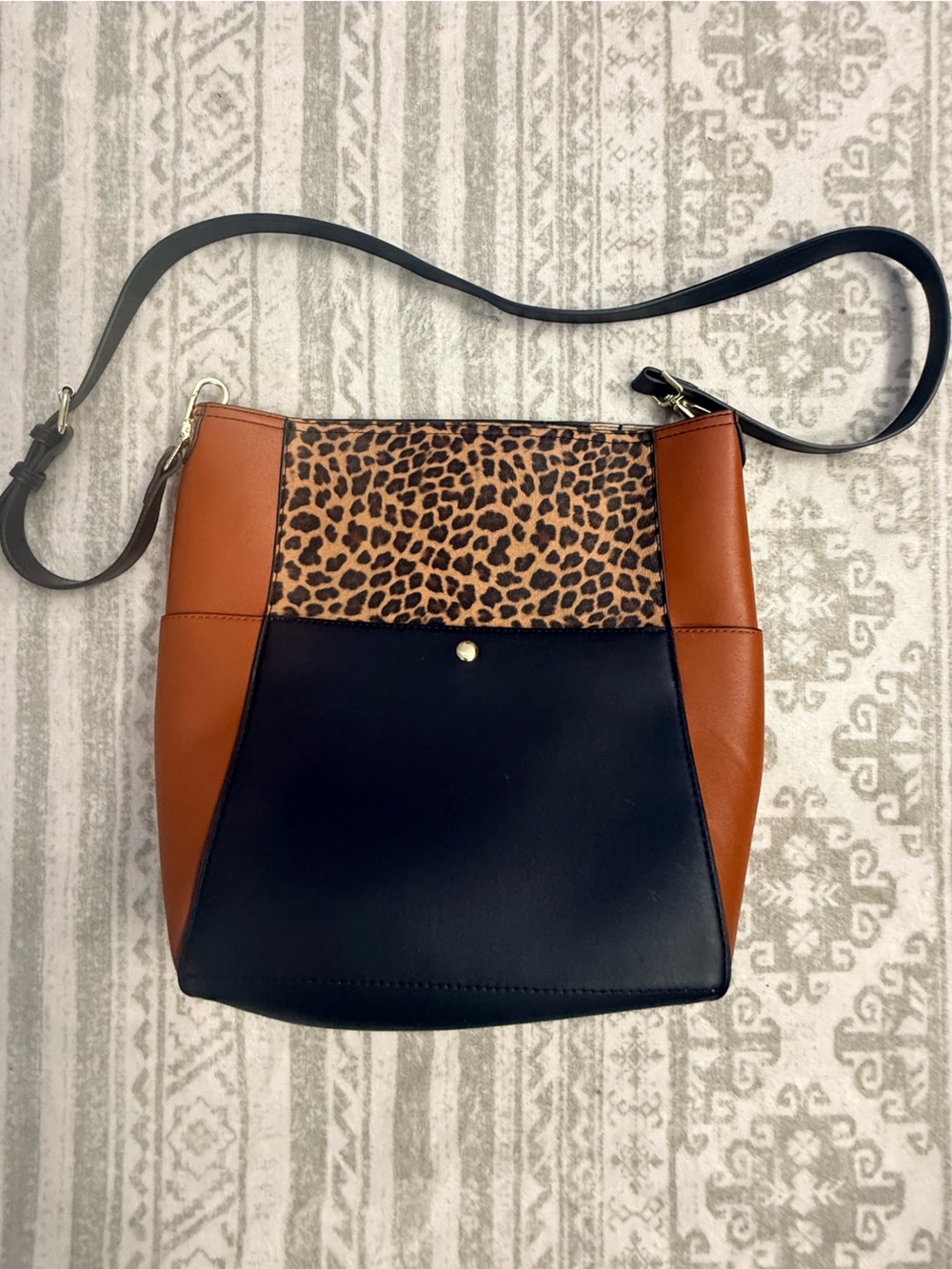 Leather Crossbody Bag with Leopard Accent - Black & Brown